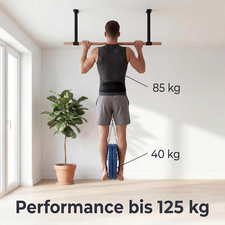 Klimmzugstange Decke - stilvolle Pull Up Bar aus Holz zur festen Deckenmontage - platzsparendes Desi
