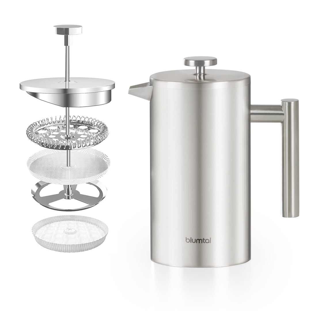 Blumtal French Press Edelstahl 600 ml (3 Tassen) - mit Messskala und Ersatzfilter, umweltfreundlich,
