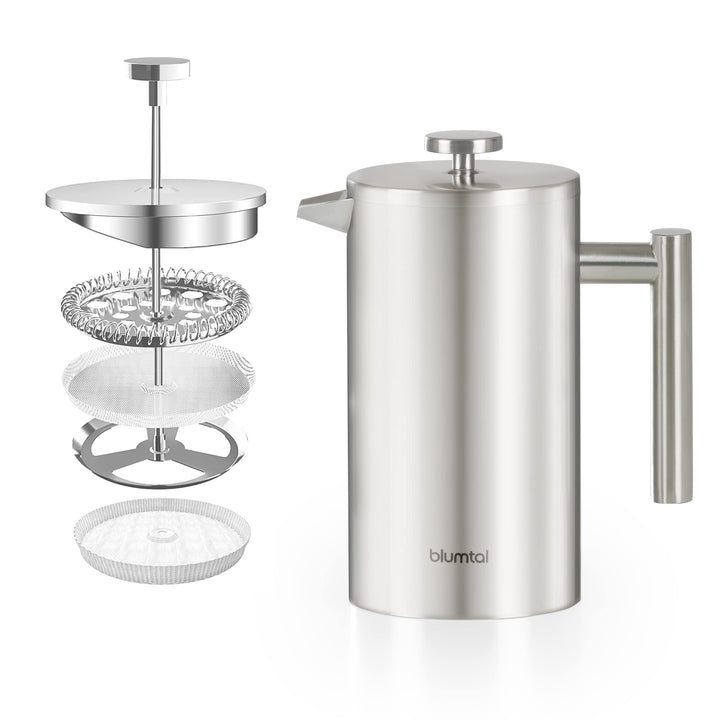 Blumtal French Press Edelstahl 600 ml (3 Tassen) - mit Messskala und Ersatzfilter, umweltfreundlich,