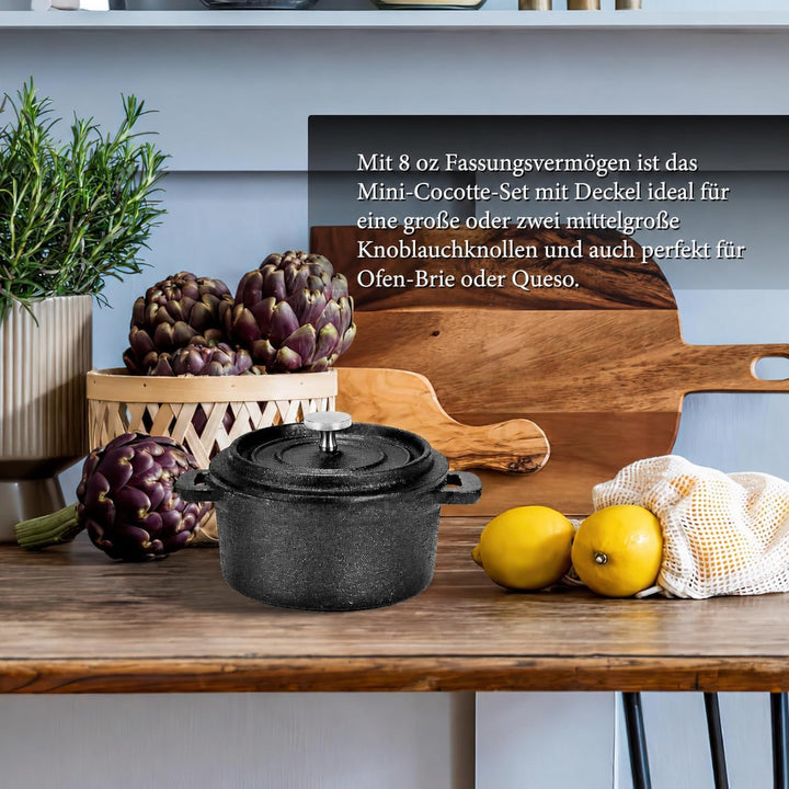 4er Set Mini Gusseisentopf 250 ml, Cocotte mit Deckel für Tapas & Dips | Kleine Auflaufform aus mass