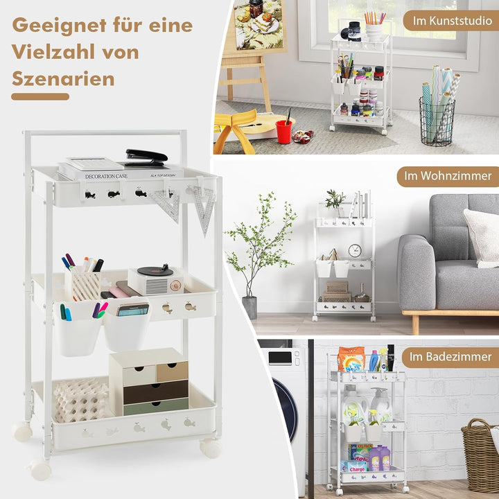 GOPLUS 3-Ebenen Rollwagen, Servierwagen mit Universalrädern, Griff, 2 Aufbewahrungsboxen, 4 Haken, O