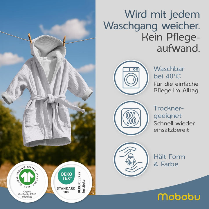 Mababu Bademantel Kinder mit Kapuze | 100% Bio-Baumwolle GOTS Zertifiziert | Premium Musselin Kinder