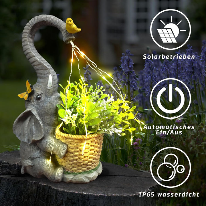 Garten Outdoor Elefanten Statue Deko - Elefant mit Gefälschter Pflanze Gartenfiguren Solar Lichter B