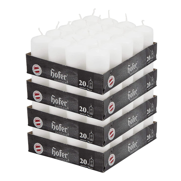 Hofer Stumpenkerzen Wachskerzen - Lange Brenndauer: 7 Stunden - 4 x 7 cm - Farbe Weiss - 80 Stück We