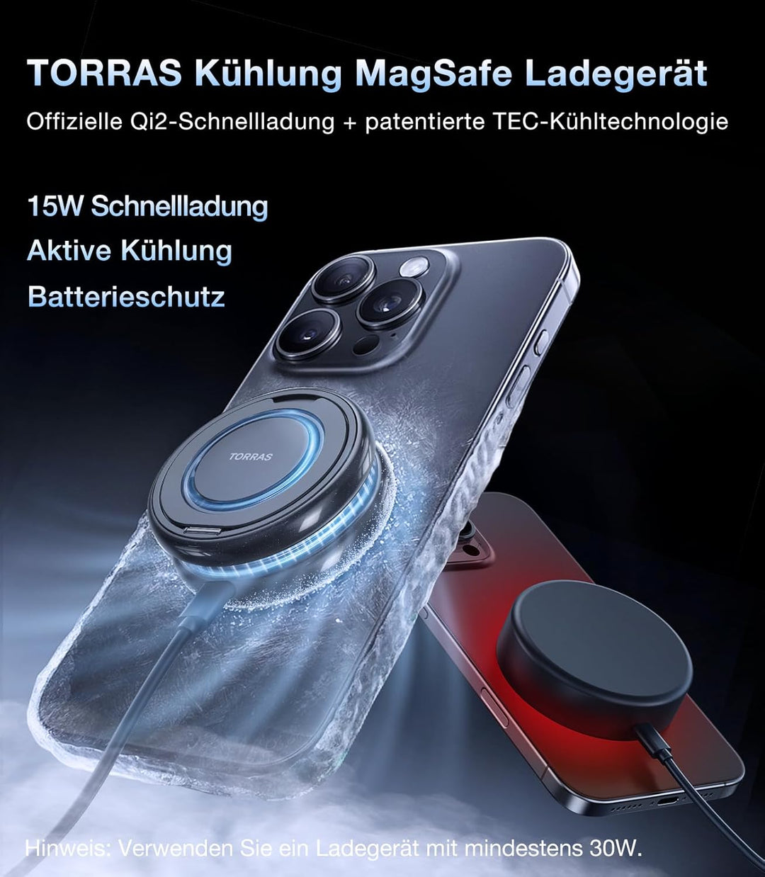 TORRAS PolarCircle für MagSafe Ladegerät, Kühlung Kabelloses Qi2-Zertifiziert Wireless Charger mit 1