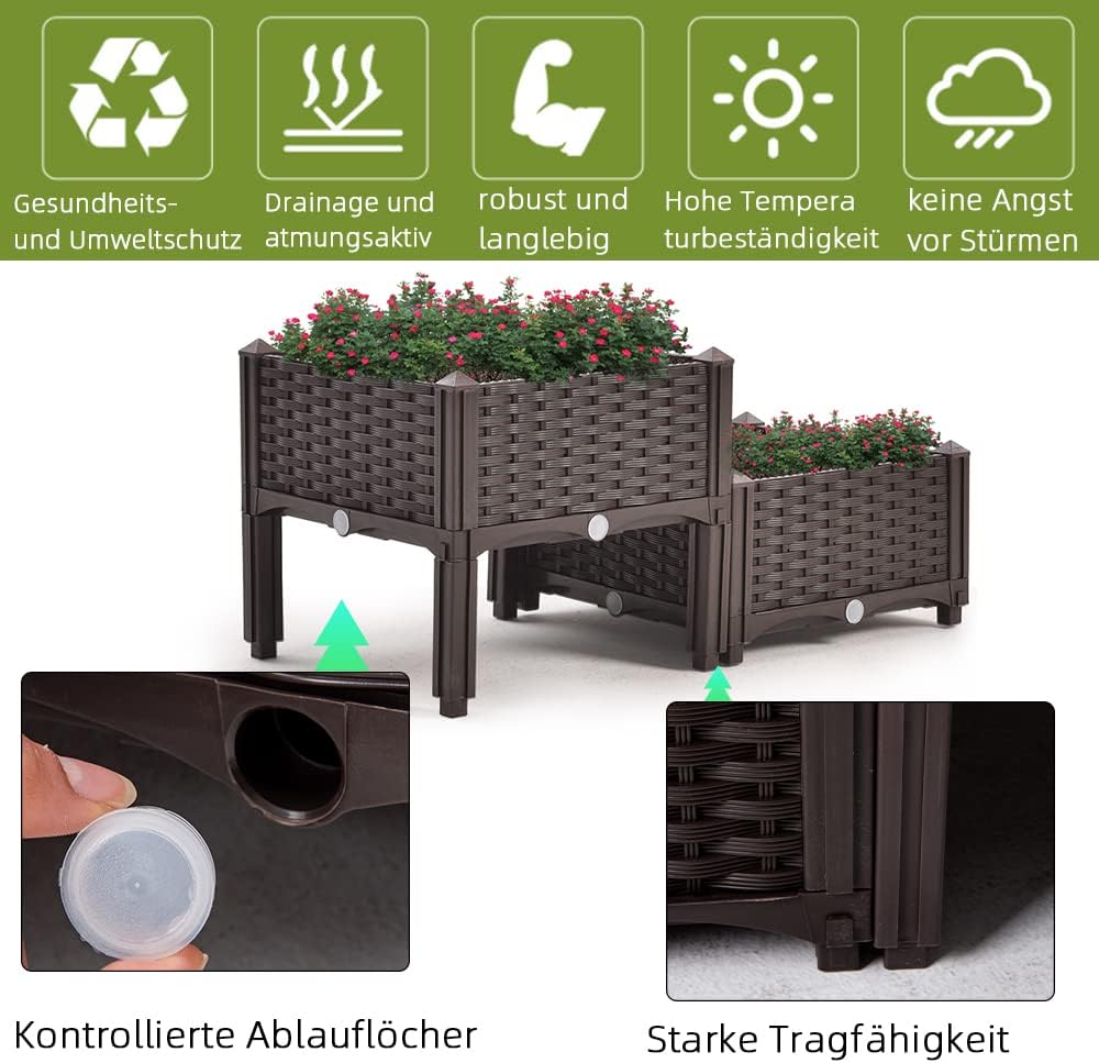 Mingone 2er Set Blumenkasten Rattan Optik Blumentopf aus Kunststoff Blumenkasten Balkonkasten mit Wa