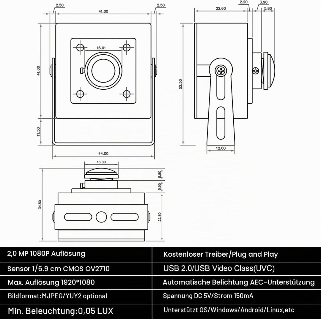ELP 180 Grad Fisheye Objektiv Weitwinkel 1080P Mini Box Webcam USBFHD01M-BL180 USB Videokamera mit F