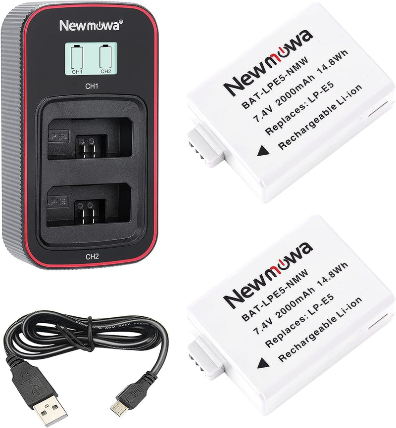 Newmowa LP-E5 Ersatzakku (2er-Pack) und Smart LCD Display Dual USB-Ladegerät für Canon LP-E5 und EOS