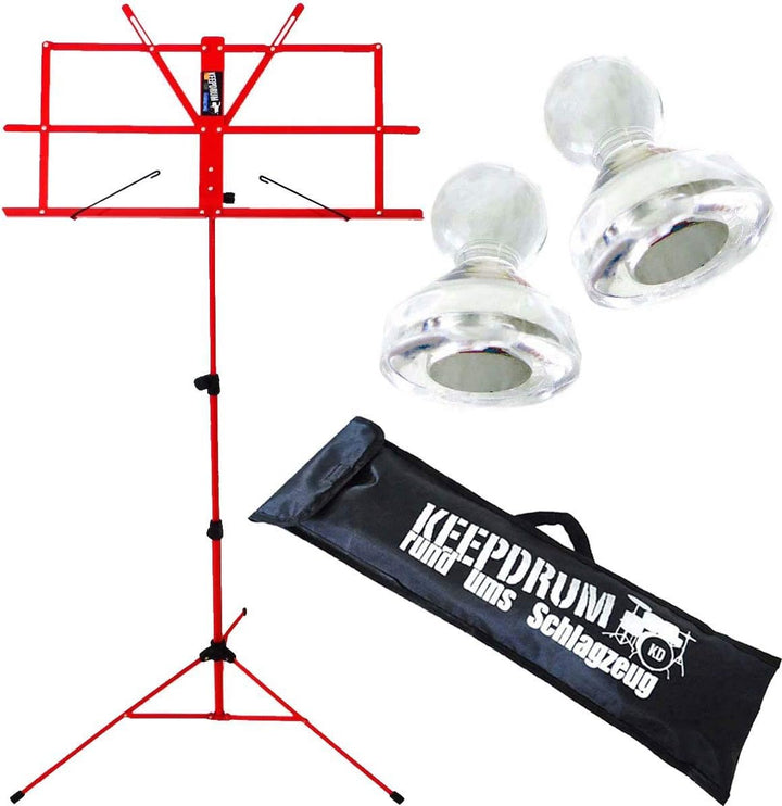 keepdrum MUS2 RD Notenständer Rot + Tasche + 4 Stück Clip Notenklammer