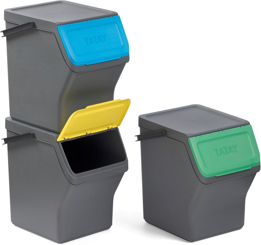 TATAY Mülltrennsystem Easy Waste 20L | 3er Set Recycling Behälter | Modular und Stapelbar | Deckel m