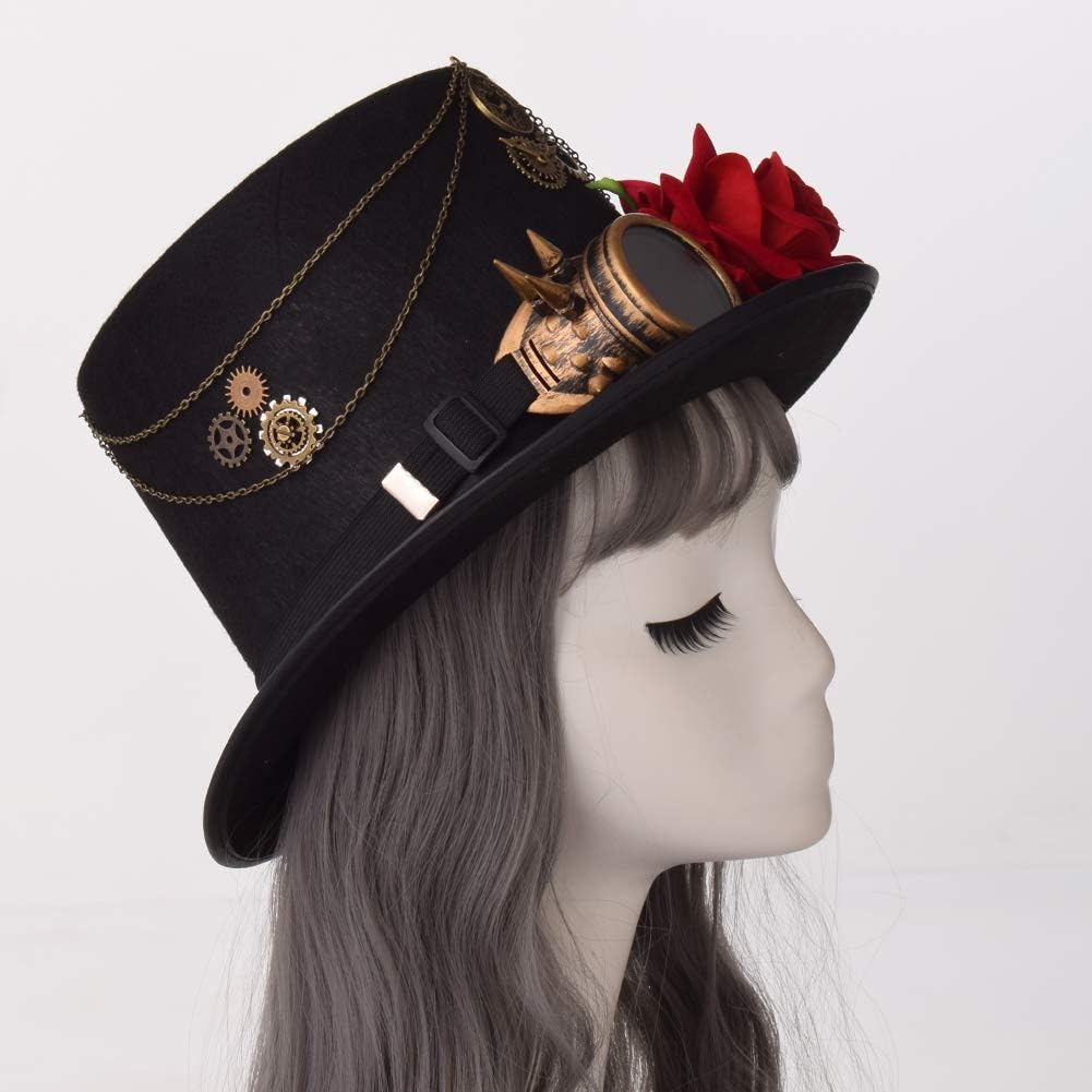 COSDREAMER Unisex Steampunk Zylinder Halloween Kostüm Hut mit Brille Schwarz Schwarz 3 M, Schwarz 3