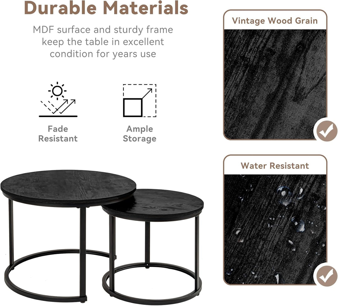 2 Stücke Beistelltisch Set rund, Couchtisch aus Holz mit Metallrahmen,Moderne Kaffeetische Satztisch