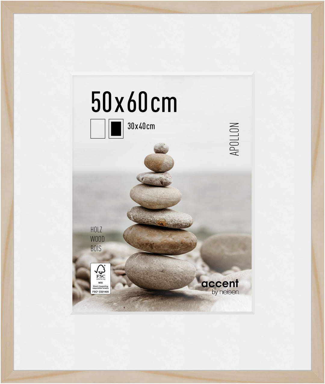 accent by nielsen Bilderrahmen mit Passepartout, 50 x 60 cm, Holz, Natur, Posterrahmen zum Aufhängen