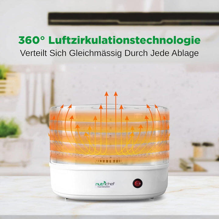 Nutrichef Dörrautomat 5 Einschübe – Weiss BPA-freies Dörrgerät für Fleisch, Obst, Pilze & Gemüse, 82
