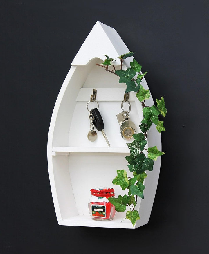 DanDiBo Schlüsselboard aus Holz mit Ablage Boot Schlüsselhaken Wandregal 30-38 cm Schlüsselleiste Sc