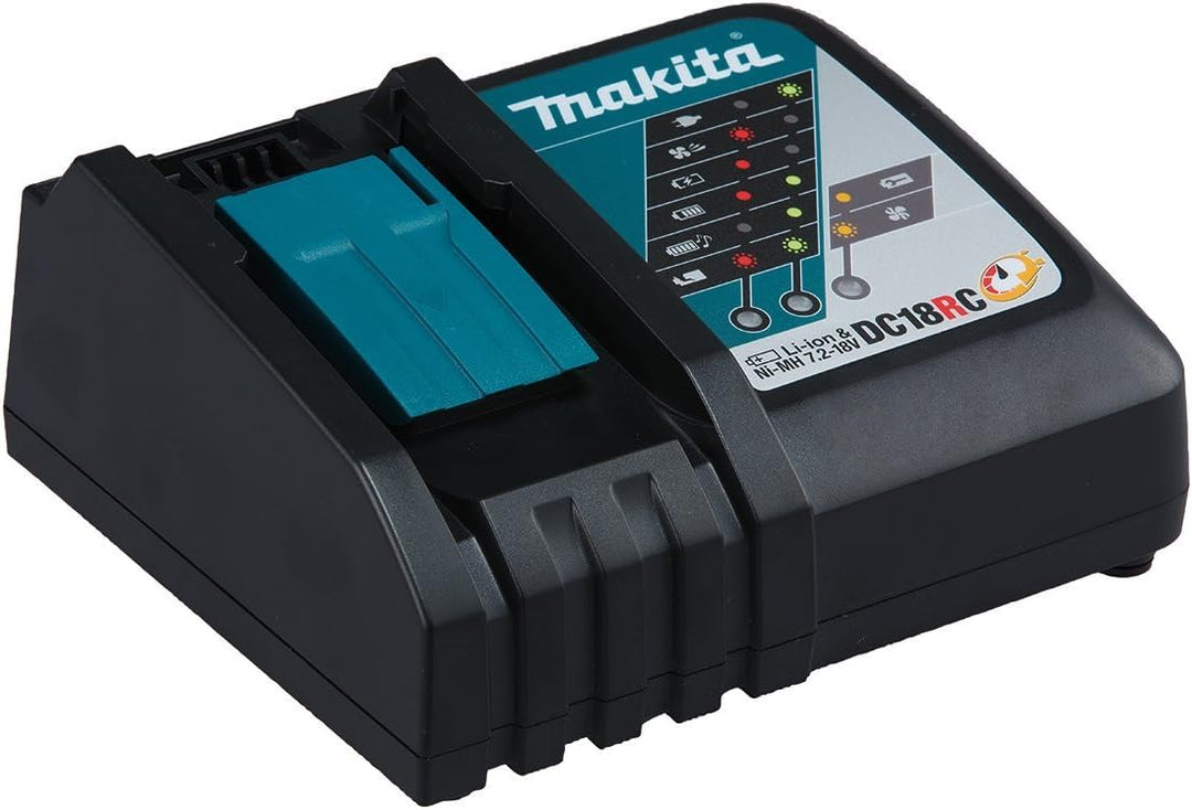 Makita Akku-Nutfräse 18 V, 2 Akkus plus Ladegerät im MAKPAC, Türkis, Schwarz, mit 2x Akku 5,0 Ah mit
