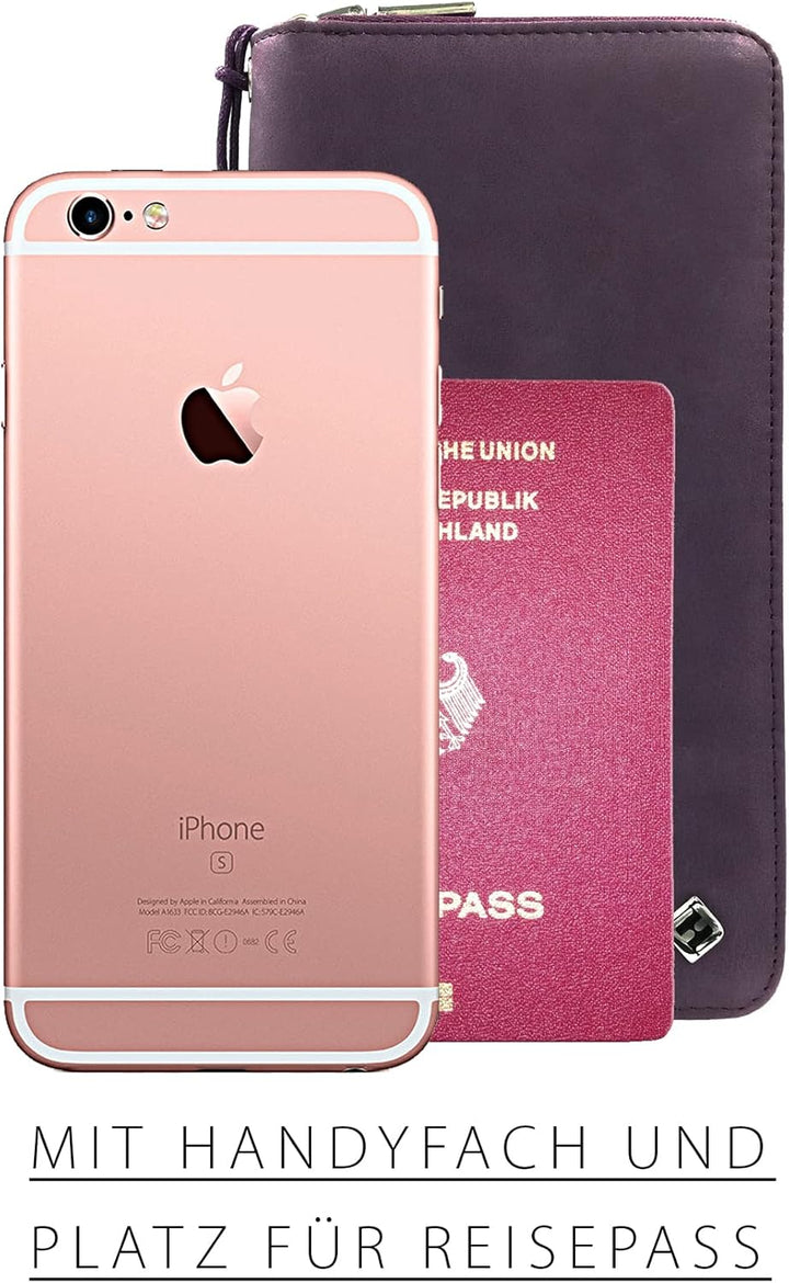 Damen Portemonnaie Leder lila gross lang, RFID Schutz, Münzfach, viele Fächer Handyfach - Clutch Gel