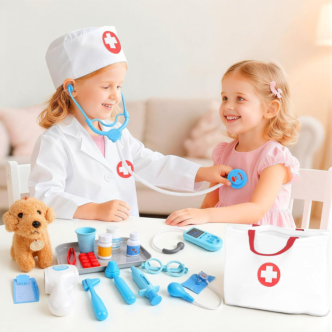 Arztkoffer Kinder ab 3 Jahre - Doktorkoffer Kinder mit Plüsch Hund, Stethoskop, Arzttasche und Arztk