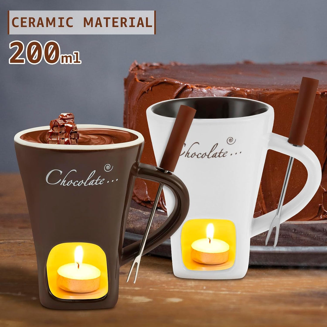 2 Stück Schokofondue Tasse,Schokoladen Fondue Becher Set,Keramik Schokoladenfondue mit Gabel,Schokol