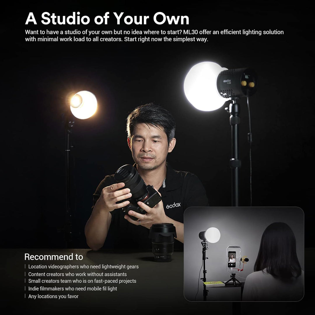 Godox 2*ML30 Kit Tragbare LED Videoleuchte, CRI 96+ TLCI 97+, 45700LUX@0,5m mit Reflektor, 12 Lichte