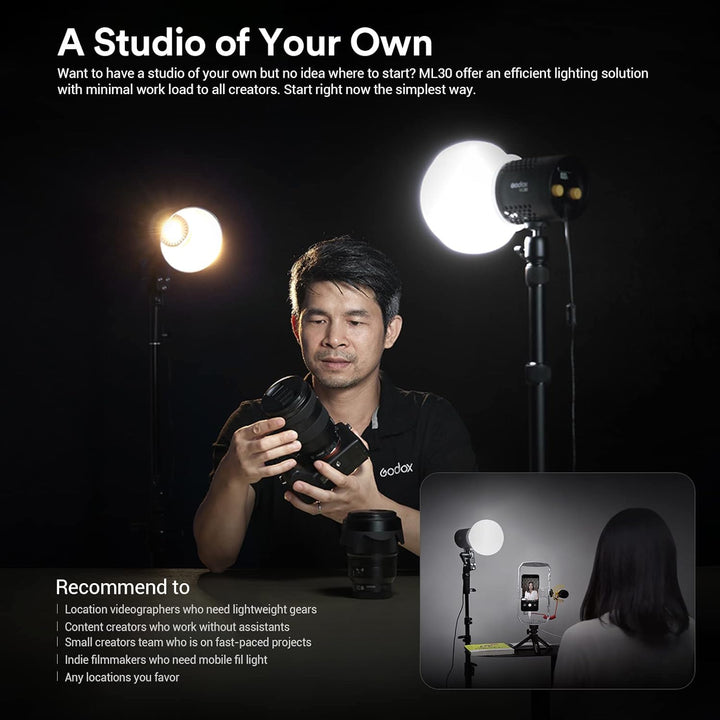 Godox 2*ML30 Kit Tragbare LED Videoleuchte, CRI 96+ TLCI 97+, 45700LUX@0,5m mit Reflektor, 12 Lichte