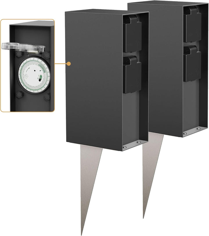 ledscom.de 2X Garten-Steckdosensäule POMI mit Erdspiess für aussen, IP44, Timer/Zeitschaltuhr, 2-Fac