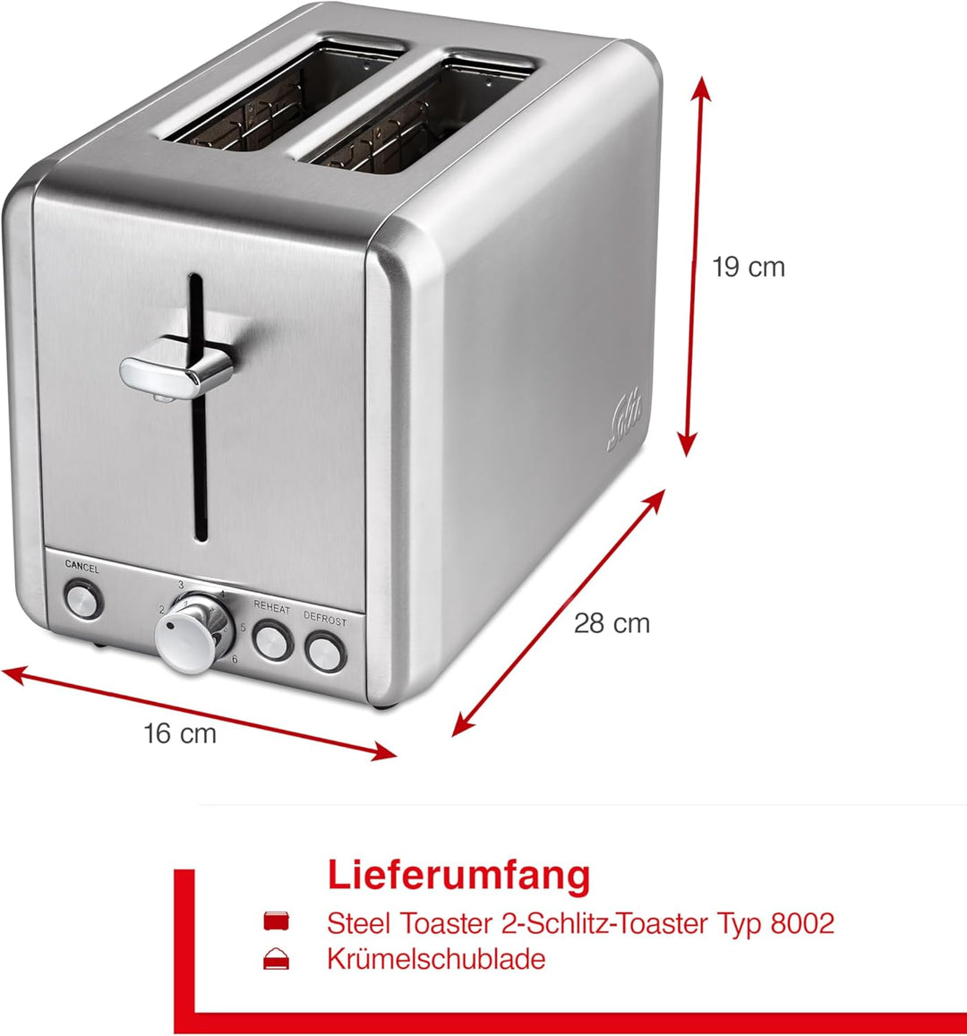 Solis Edelstahl-Toaster mit 2 extra grossen Schlitzen, Krümelschublade, 925 Watt, Toaster Steel (Typ