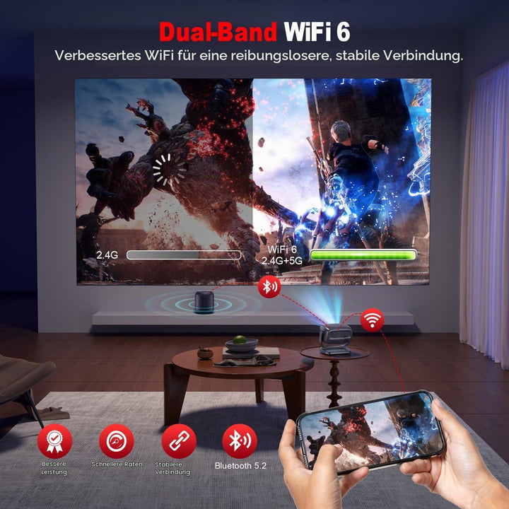 Beamer 4K,Elektrischer Fokus/Trapezkorrektur,26000 Lumen,Tragbarer Outdoor Beamer mit WiFi 6 und BT5