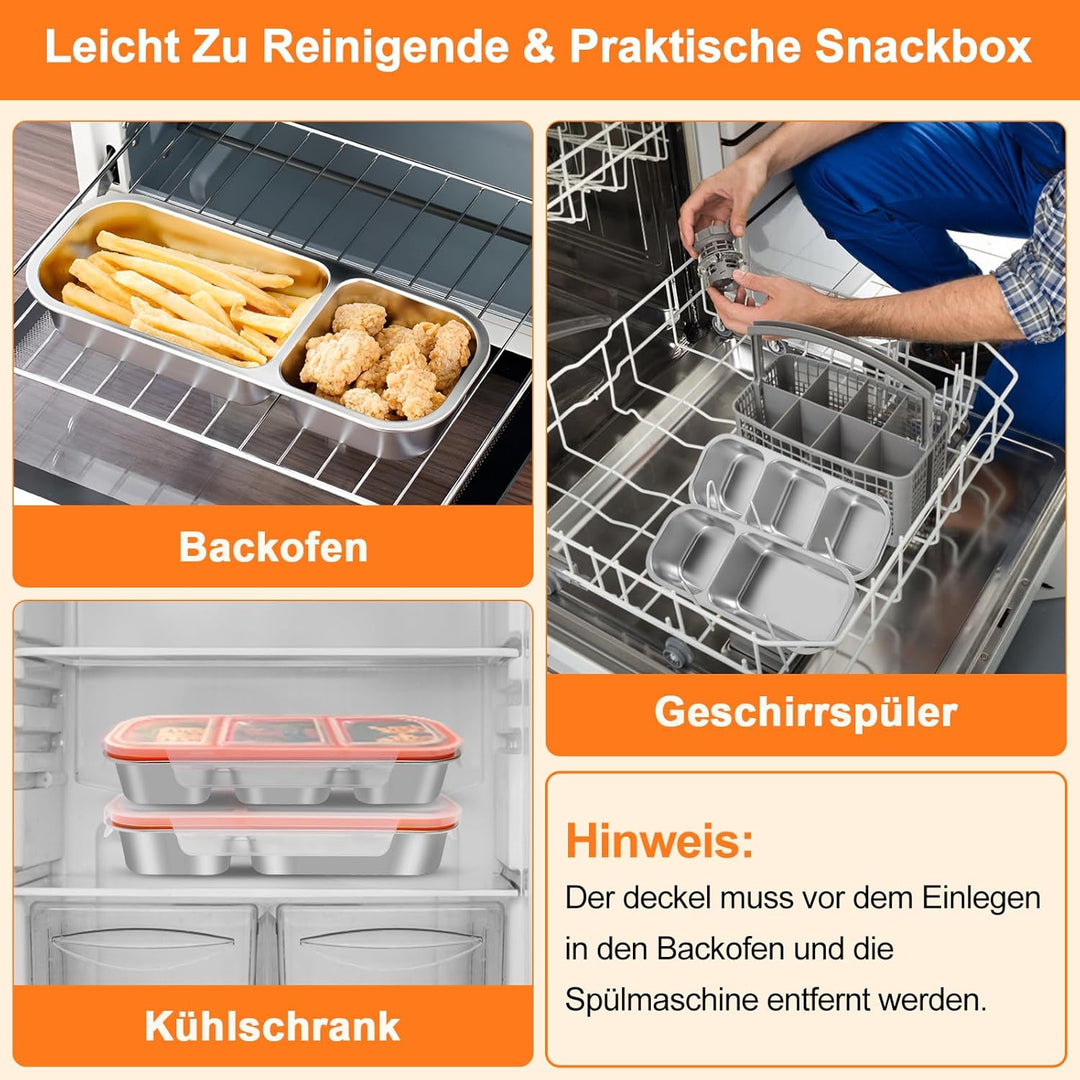 Snackbox mit Fächern Edelstahl: 2 Stück Auslaufsicher Snackdose mit Deckel(600ml+700ml)-Tragbare Bro