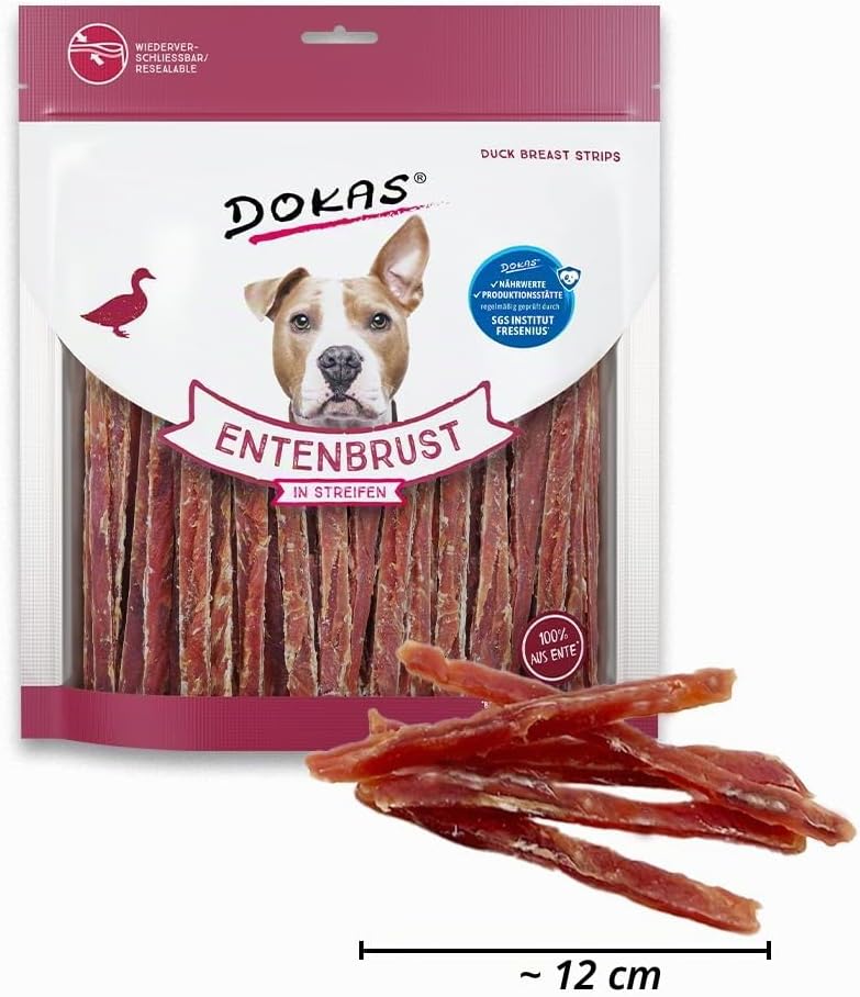 DOKAS Getreidefreier Premium Snack in Streifen für Hunde – Aus Entenbrustfilet, 500 g (6er Pack) Sin