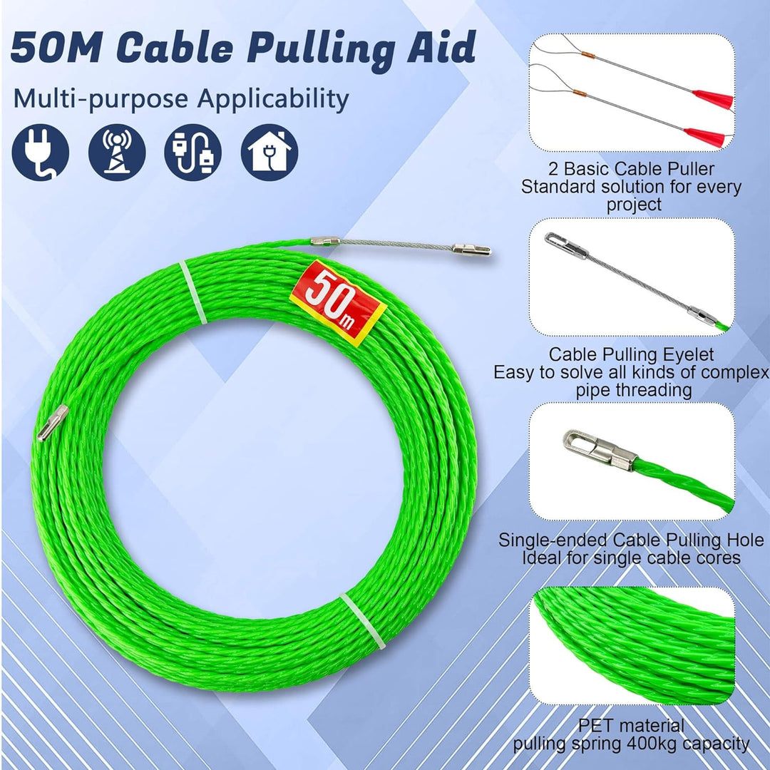 Kabeleinziehhilfe 50m, 4,5 mm Zugdraht Einziehspirale,Einziehhilfe Kabel Einzugshilfe,mit 2 Führungs