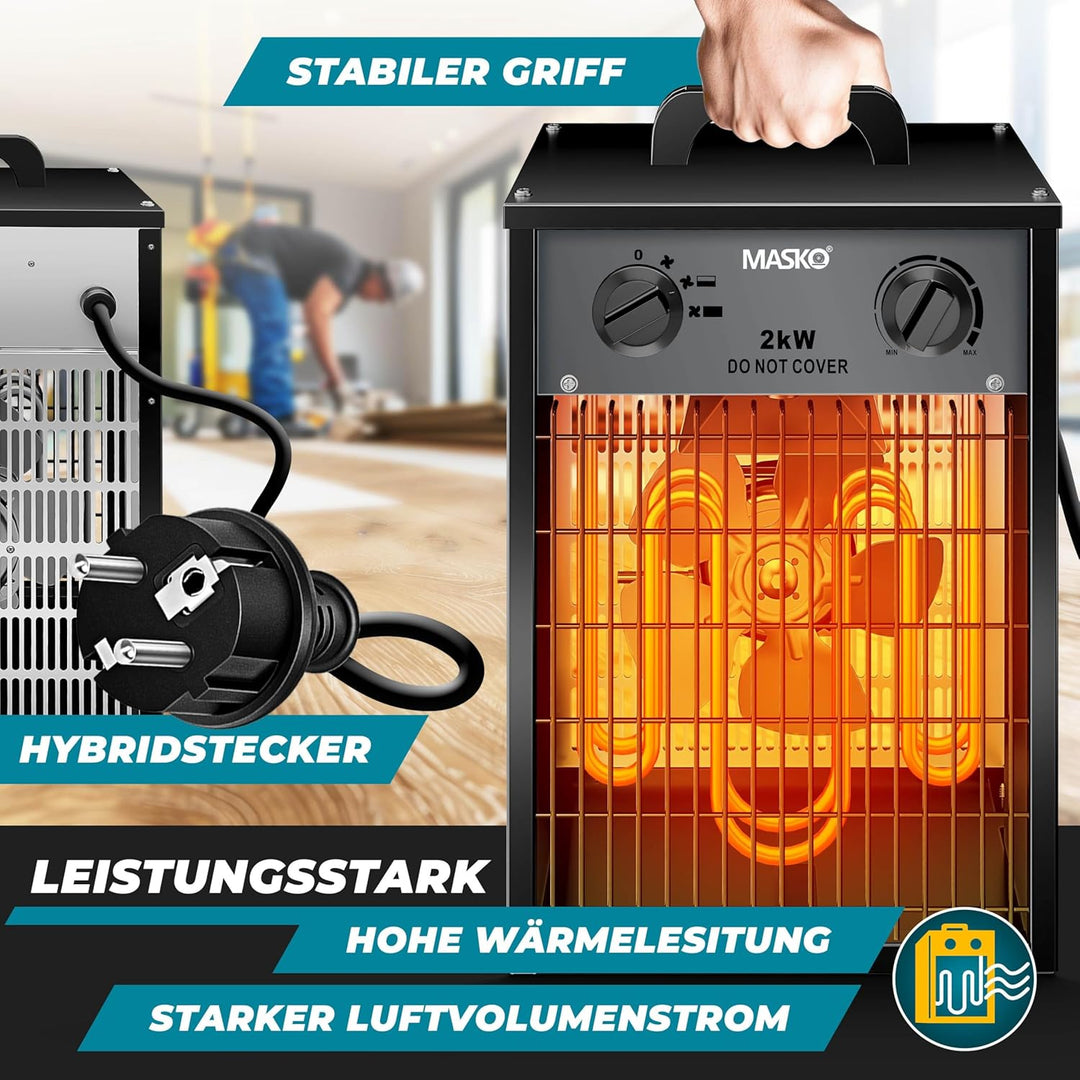 MASKO® Elektroheizer Heizlüfter Bauheizer 2 KW mit integriertem Thermostat elektrisch Heizgerät 2000