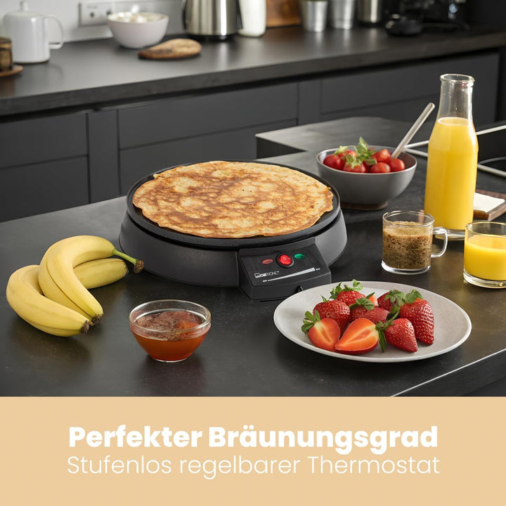 Clatronic CM 3372 Crepe-Maker, antihaft-beschichtete Platte: Ø 29 cm, Set inkl. Teigverteiler, Crepe