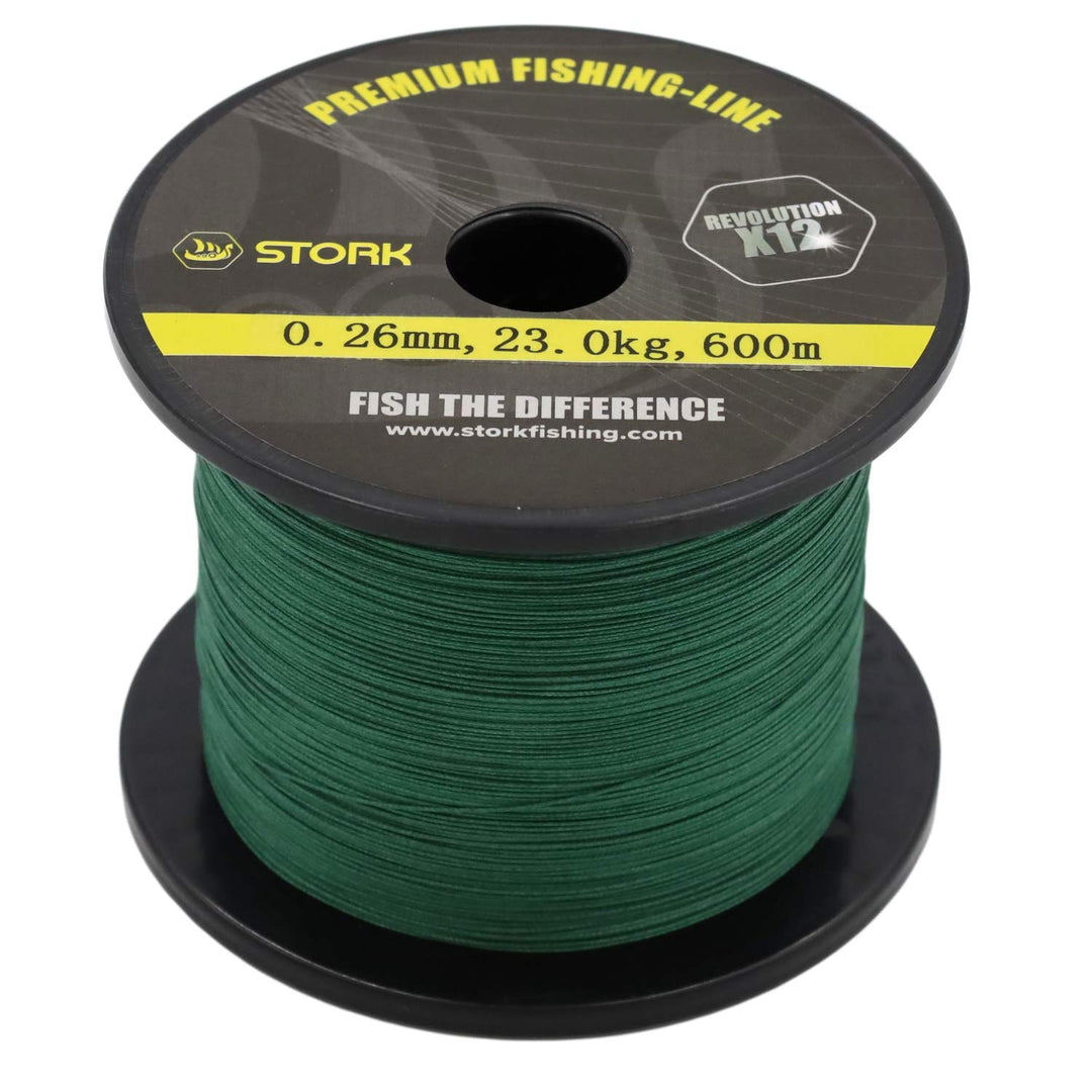Stork Revolution, 12-Fach geflochtene Premium Angelschnur 600m Moosgrün 12.5 kg / 0.14 mm, Moosgrün