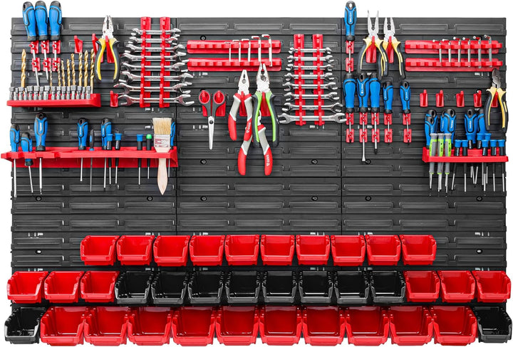Lagersystem Werkstattregal | 117 x 78 cm | 34 stck. Box | Wandregal mit Werkzeughalterungen und Stap