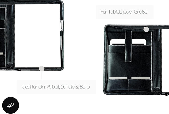 DELMON VARONE - Tablet Schreibmappe mit Reissverschluss inkl. Notizblock DIN A4 aus veganem Eco Kuns