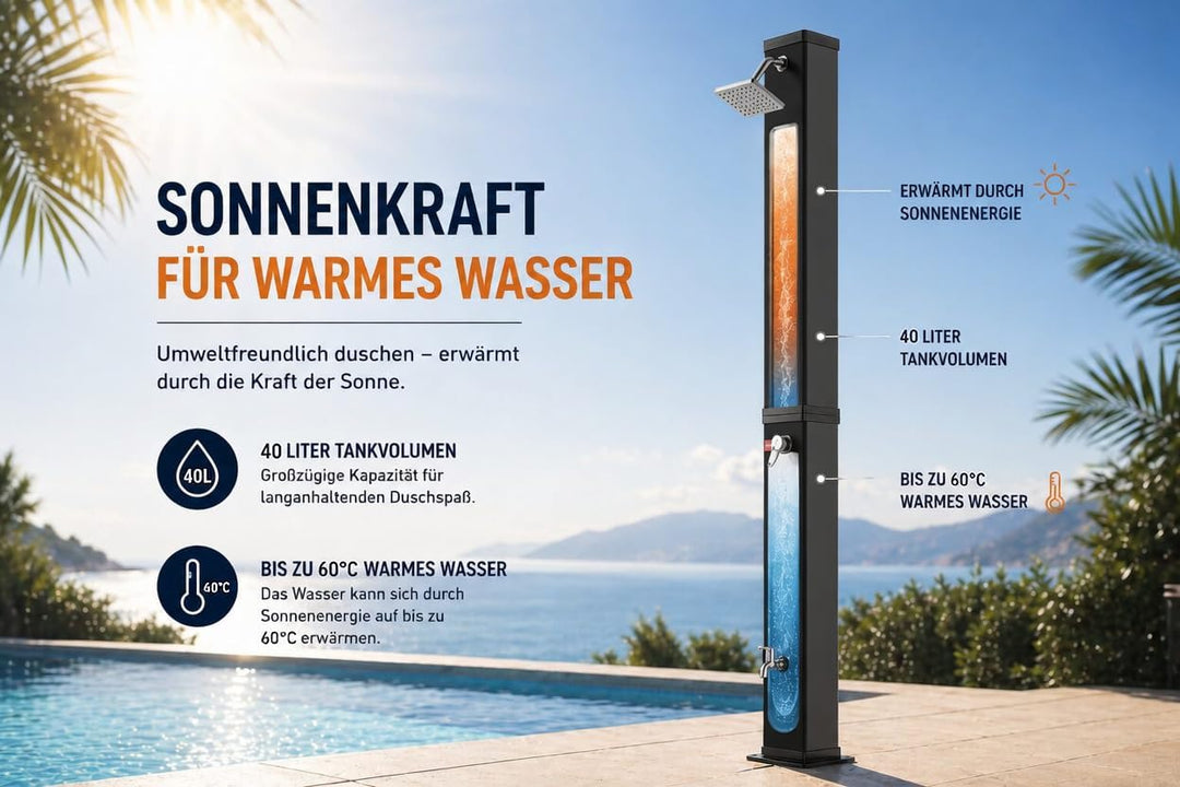 Strattore Solardusche Gartendusche 40 Liter - Warmes Wasser max. 60°C - Ohne Stromanschluss - Mit Fu