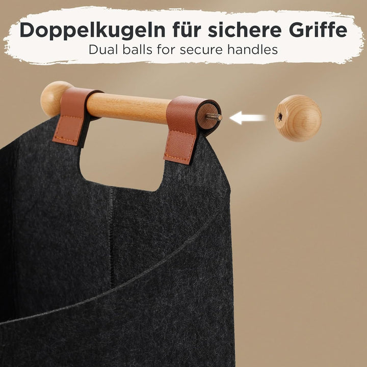 Holzkorb für Kaminholz aus Filz, grosser Kaminholzkorb 45x32x40cm, faltbare Filztasche mit rutschfes