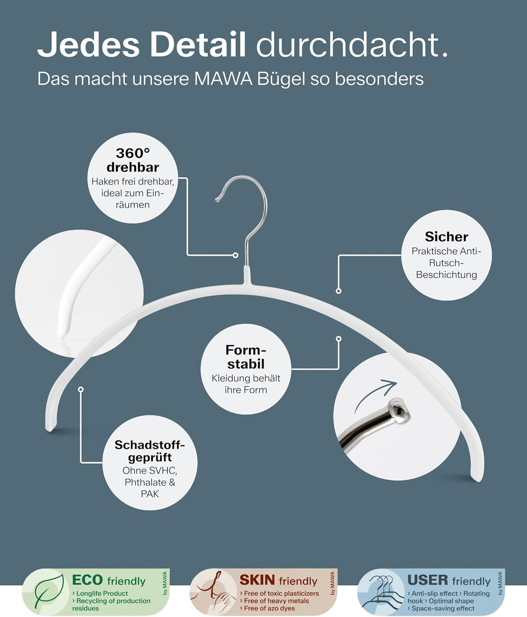 MAWA Kleiderbügel, Set mit 10 hochwertigen, platzsparenden, rutschfesten Kleiderbügeln, ideal für T-