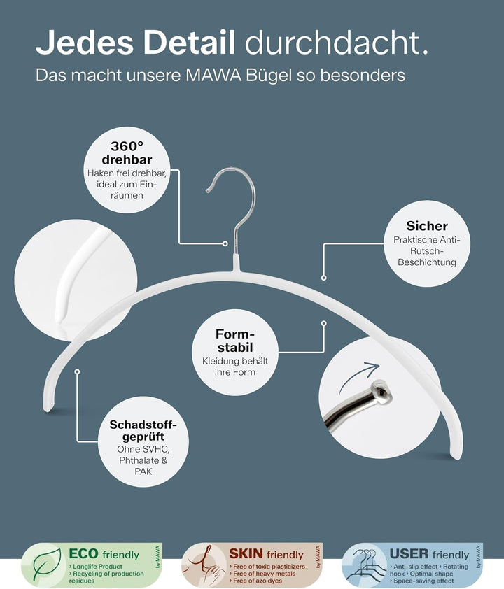 MAWA Kleiderbügel, Set mit 10 hochwertigen, platzsparenden, rutschfesten Kleiderbügeln, ideal für T-