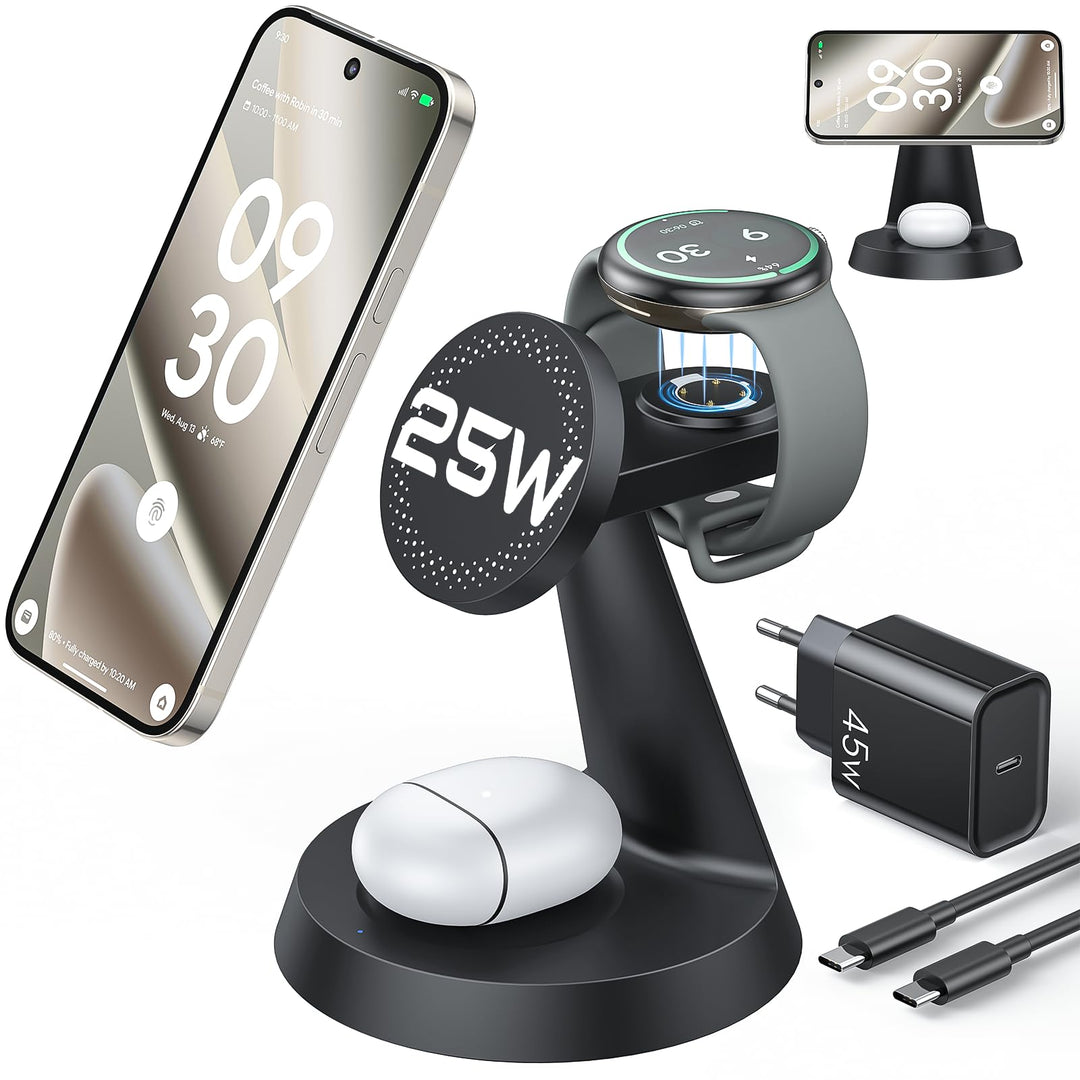Meifigno 25W 3 in 1 Induktive Ladestation für Google Pixel Watch 3 &amp; 2 Only for Pixel Watch 3/2 Schw