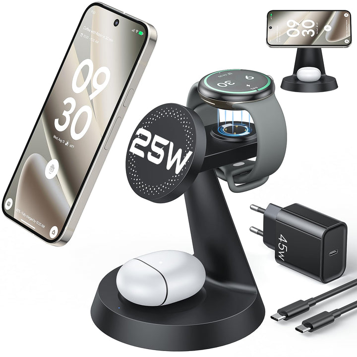 Meifigno 25W 3 in 1 Induktive Ladestation für Google Pixel Watch 3 &amp; 2 Only for Pixel Watch 3/2 Schw