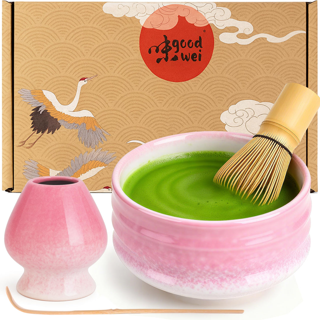 Goodwei Matcha Set komplett mit Matchabesen, Matcha Löffel und Matcha Schale aus Keramik mit Besenha