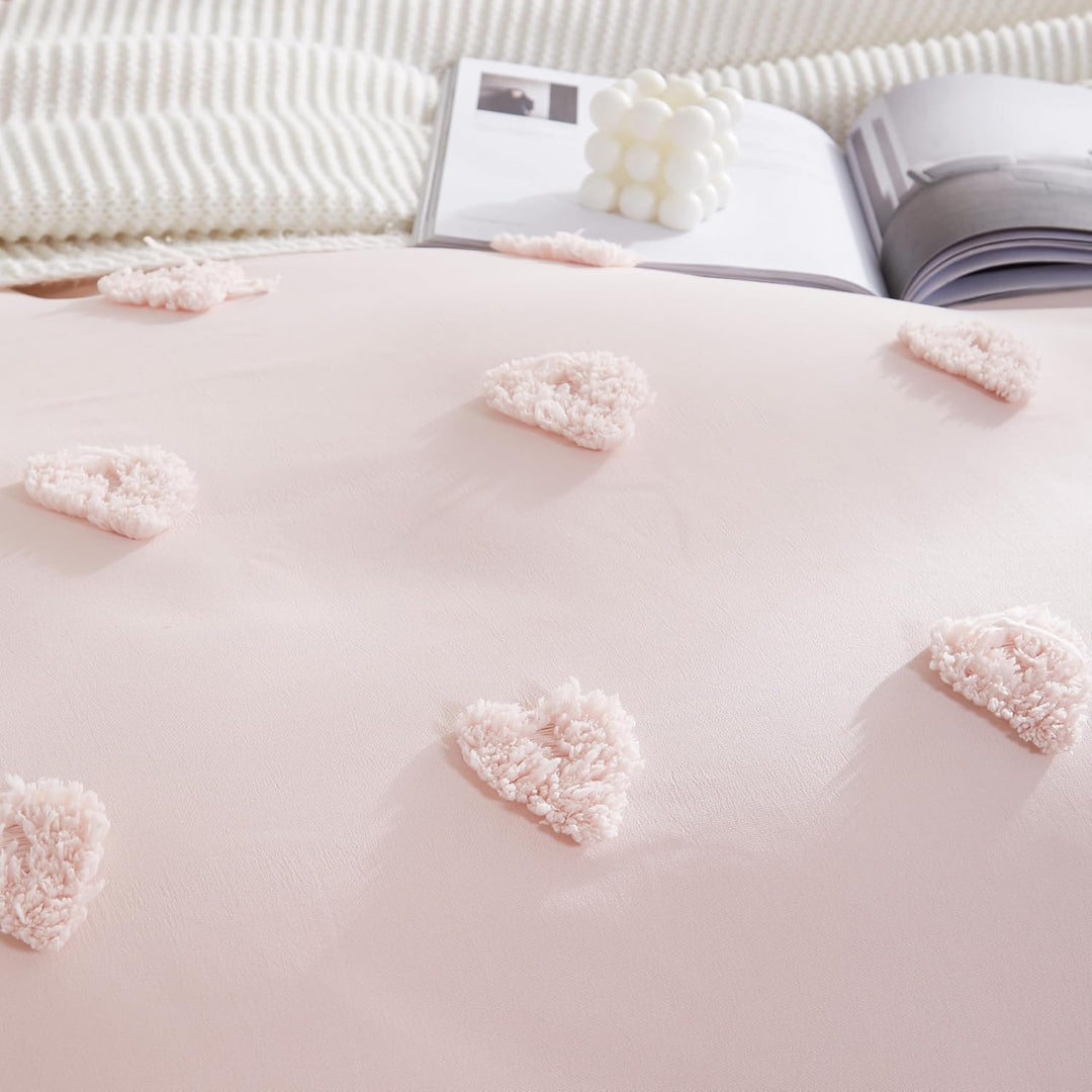Freyamy Boho Bettwäsche 135x200cm Rosa Getuftet Herz Bettwäsche-Sets Stickerei Shabby Chic Bettwaren