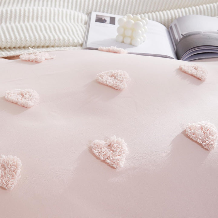 Freyamy Boho Bettwäsche 135x200cm Rosa Getuftet Herz Bettwäsche-Sets Stickerei Shabby Chic Bettwaren