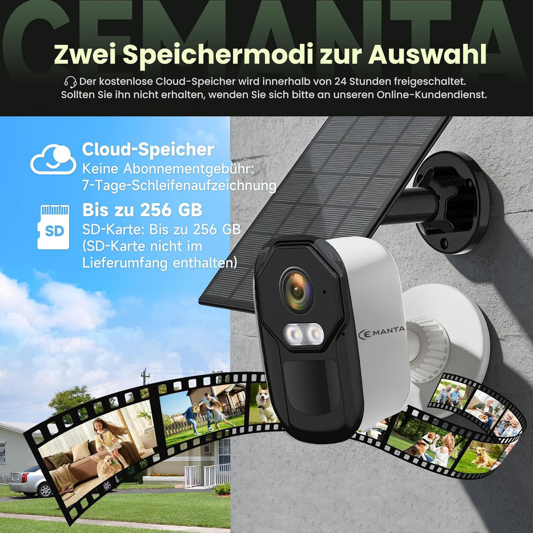 4MP Überwachungskamera Aussen Akku mit Solar - 2,4G/5GHz WLAN, Kostenlosem Cloud-Speicher, IP66 wett