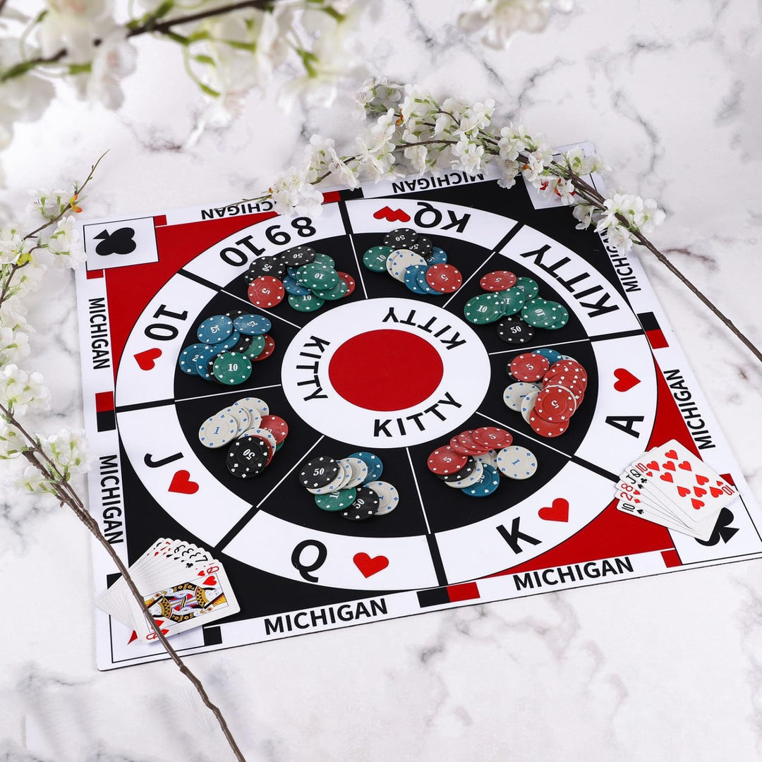 3-in-1 Michigan Rummy Spiel Set, Tripoley mit Filzmatte, 200 Pokerchips, 2 Kartenspielen, Tasche & A