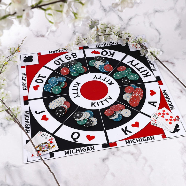 3-in-1 Michigan Rummy Spiel Set, Tripoley mit Filzmatte, 200 Pokerchips, 2 Kartenspielen, Tasche & A