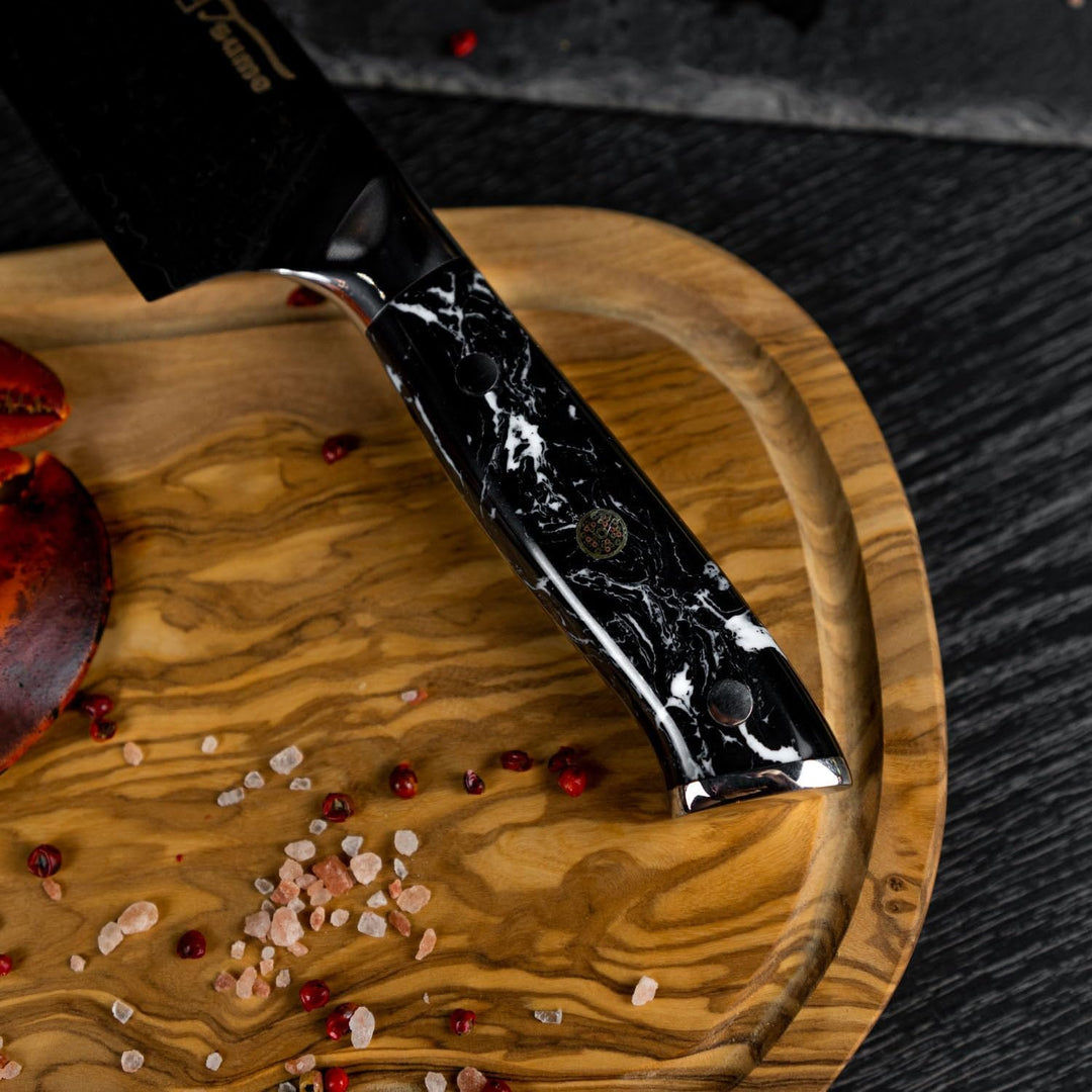 Tsume Santoku Messer Black Marble, Klingenlänge 22cm, Echtes Damast Küchenmesser, 67 Schichten VG10