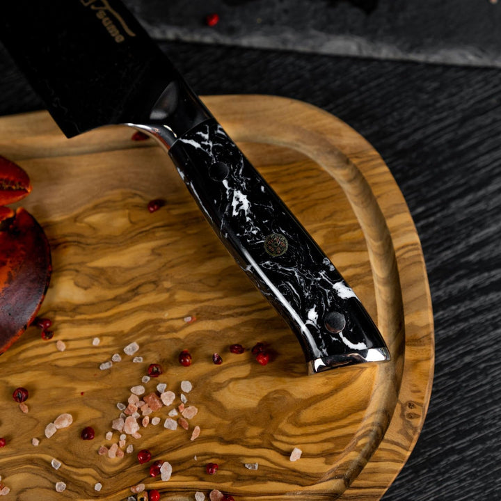 Tsume Santoku Messer Black Marble, Klingenlänge 22cm, Echtes Damast Küchenmesser, 67 Schichten VG10